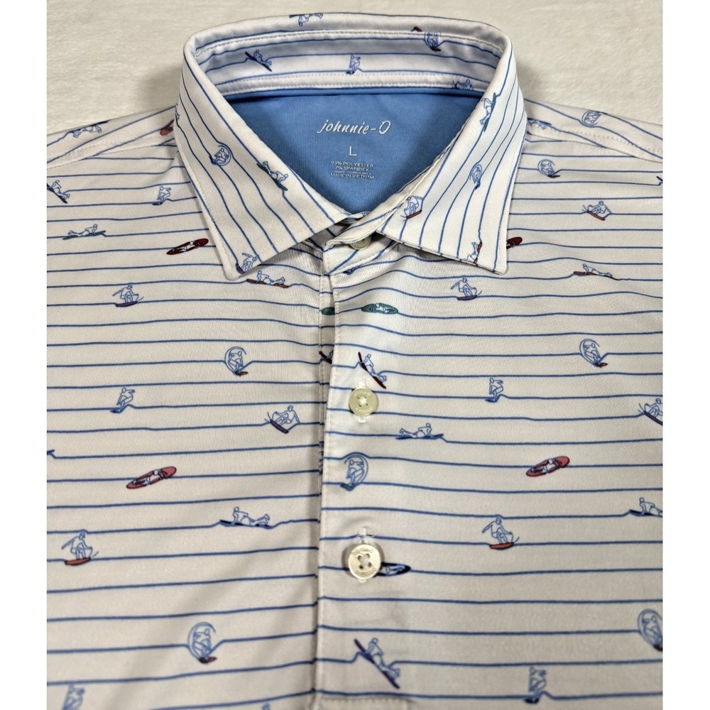 Johnnie-O Performance Polo Men's Large White Surfin' Stripes Golf Shirt Stretch